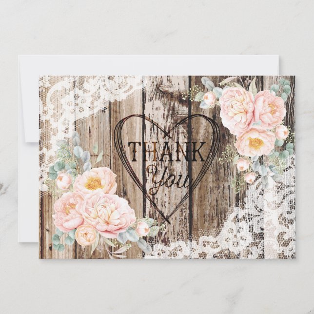 Rustic Wood Snöre Peony Heart Etching Tack Kort (Framsida)