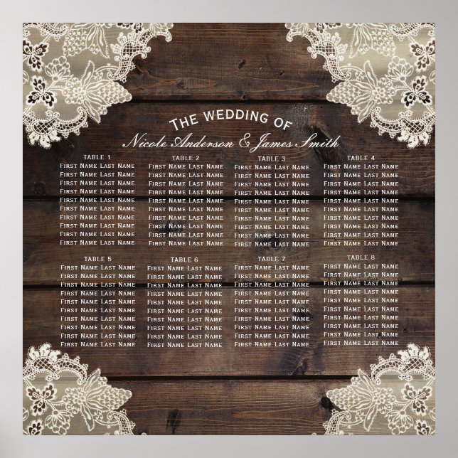 Rustic Wood & Snöre Romantic Bröllop Bord Seating Poster (Framsidan)