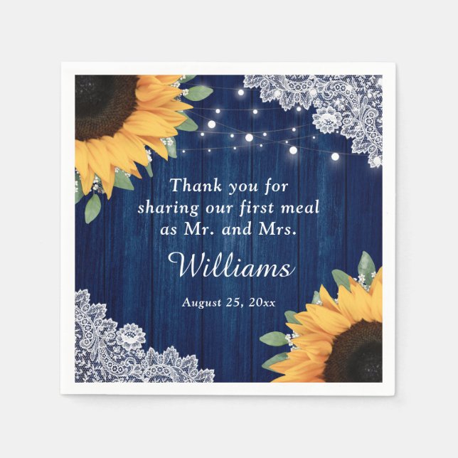 Rustic Wood Snöre Solros Navy Blue Bröllop Pappersservett (Framsidan)