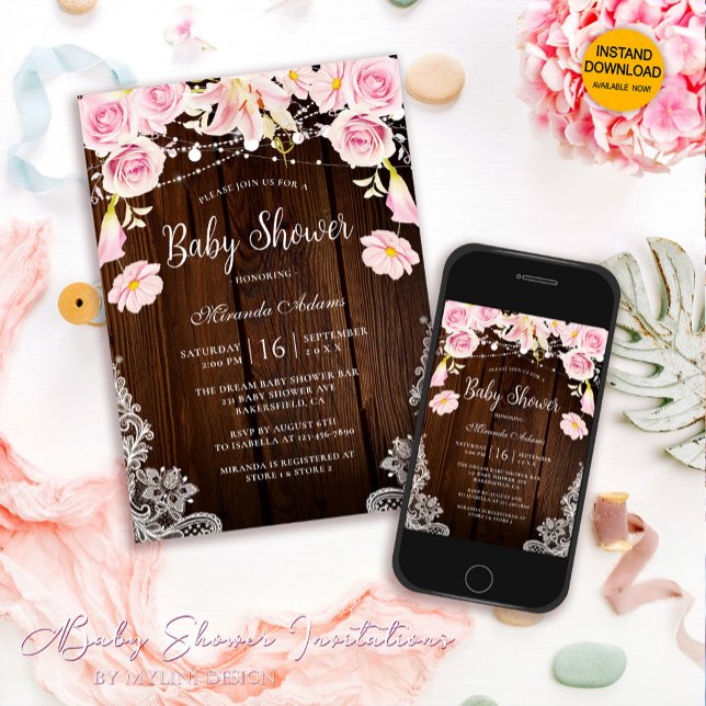 Rustic Wood Snöre String Ljus Blommigt Baby Shower Inbjudningar (Skapare uppladdad)