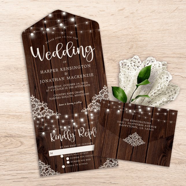 Rustic Wood Snöre String Ljus Bröllop (Rustic Wood Lace String Lights Wedding All In One Invitation)