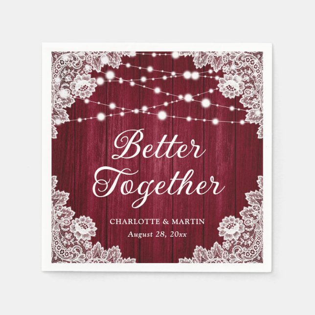 Rustic Wood Snöre String Ljus Burgundy Bröllop Pappersservett (Framsidan)