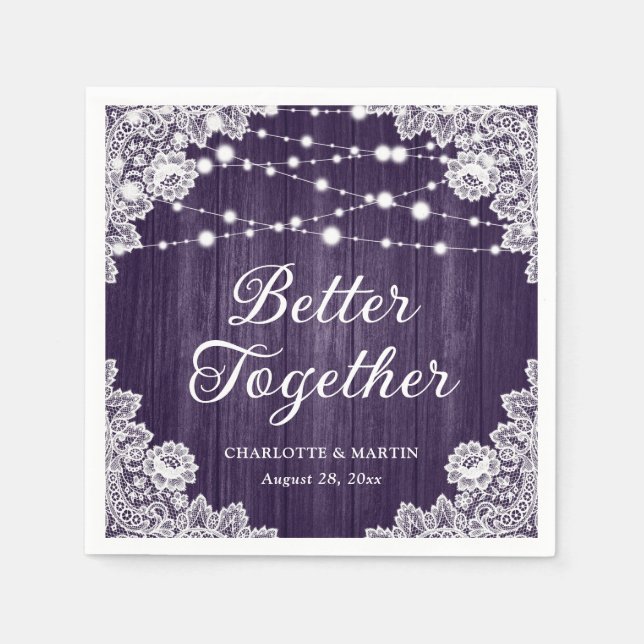 Rustic Wood Snöre String Ljus Lila Bröllop Pappersservett (Framsidan)