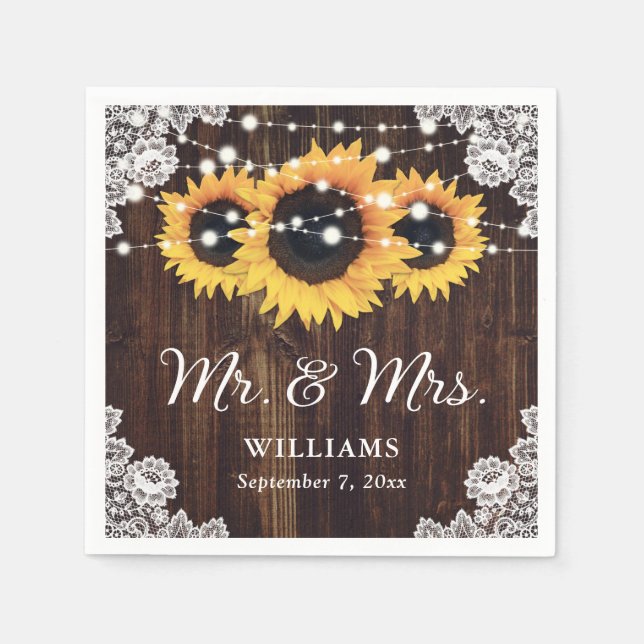 Rustic Wood Snöre String Ljus Solros Bröllop Pappersservett (Framsidan)