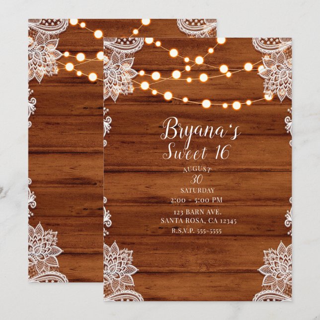 Rustic Wood Snöre & String Ljus Sweet 16 Party Inbjudningar (Fram/baksida)