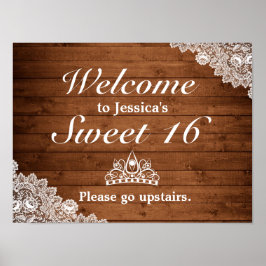 Rustic Wood & Snöre Tiara Sweet 16 Välkomstskylt Poster