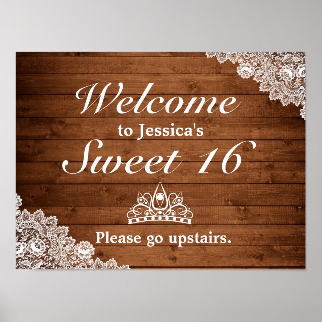 Rustic Wood & Snöre Tiara Sweet 16 Välkomstskylt Poster (Framsidan)