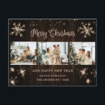 Rustic Wood Snowflake Photo Collage Helg Vykort<br><div class="desc">Rustiskt vykort för foto God jul och Gott nytt år med ett fotokollage med stjärnor,  snöflingor och ett vackert handskrivet Julhälsningar i ett festivt skript. Anpassa enkelt det här helgdag-vykortet för rustiskt trä med foton,  namn och text från familjen.</div>