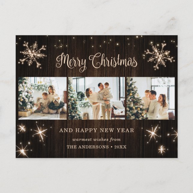 Rustic Wood Snowflake Photo Collage Helg Vykort (Framsida)