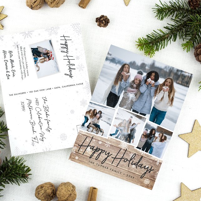 Rustic Wood Snowflake Photo Collage Helg Vykort (Skapare uppladdad)