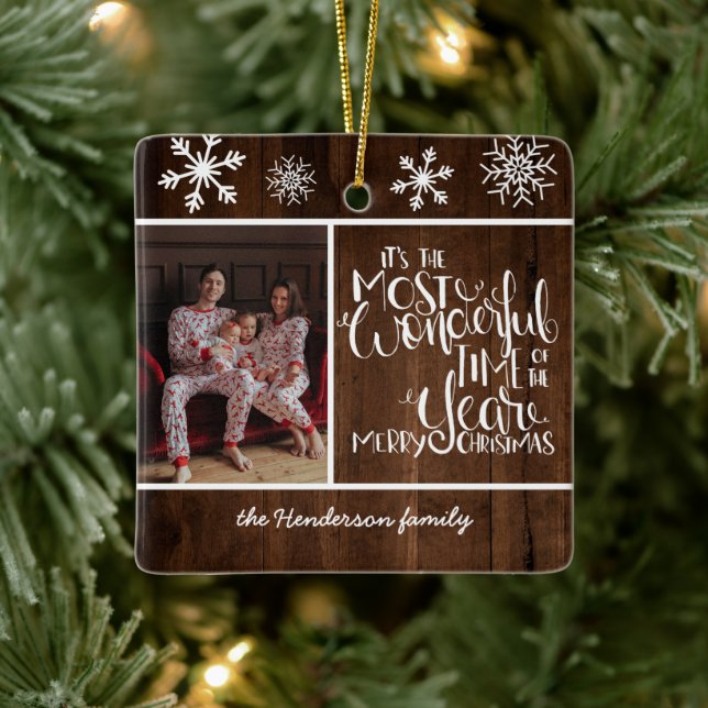 Rustic Wood Snowflake Wonderful Time Julgransprydnad Keramik (Träd)