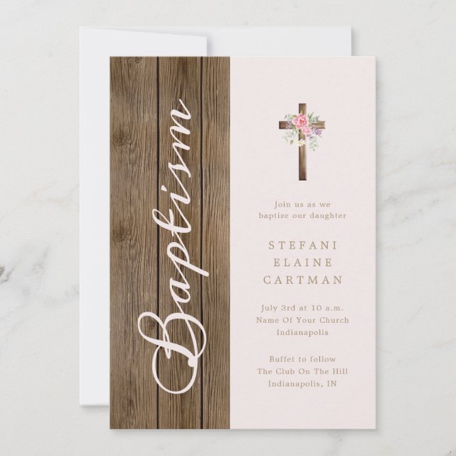 Rustic Wood & Soft Rosa Baptism Inbjudningar (Framsida)