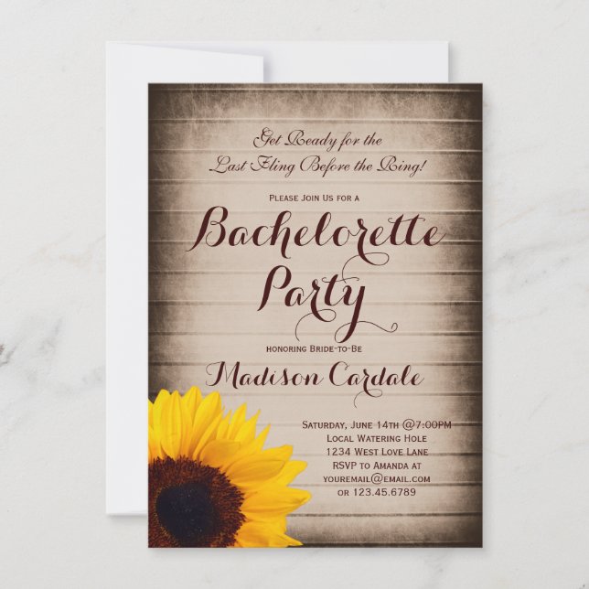 Rustic Wood Solros Bachelorette Party Inbjudan (Framsida)