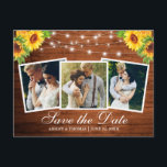 Rustic Wood Solros Blommigt 3 Foto Spara datum Inbjudan Vykort<br><div class="desc">Rustic Wood and String Ljus 3 Photo Save Date Förlovning Announcement Postcard innehåller Watercolor Solros Blommigt och Greenery</div>
