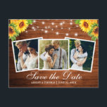 Rustic Wood Solros Blommigt 3 Foto Spara datum Inbjudan Vykort<br><div class="desc">Rustic Wood and String Ljus 3 Photo Save Date Förlovning Announcement Postcard innehåller Watercolor Solros Blommigt och Greenery</div>