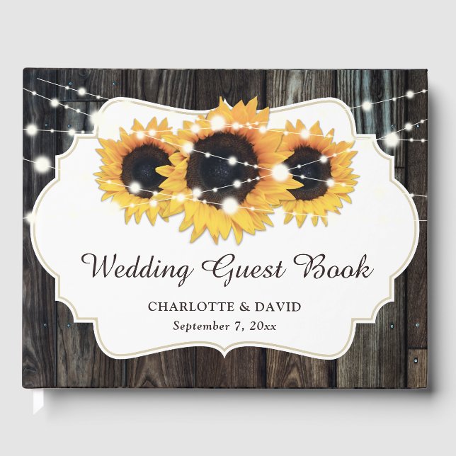 Rustic Wood Solros Blommigt Bröllop Gästböcker (Framsida)