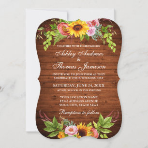 Rustic Wood Solros Blommigt Bröllop Inbjudningar