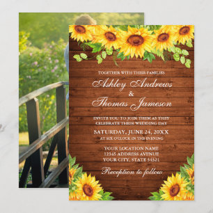 Rustic Wood Solros Blommigt Greenery Photo Inbjudningar
