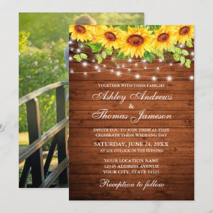 Rustic Wood Solros Blommigt String Ljus Photo Inbjudningar