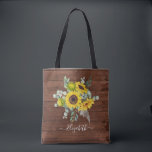 Rustic Wood Solros Blommigt Vattenfärg Tygkasse<br><div class="desc">Söt solblommor på en rustik träbakgrund dekorerar den här säcken. Anpassa det med ditt namn. En perfekt Sommargåva eller mutad gåva. Designad av Blackberry Boulevard.</div>