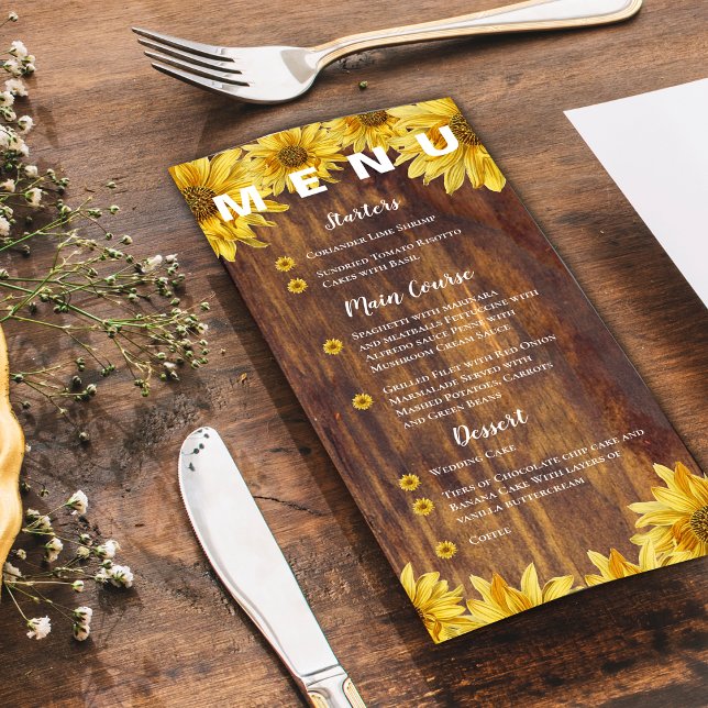Rustic Wood Solros Bright Gult Bröllopsfest Meny (Rustic Wood Sunflower Bright Yellow Wedding Party Menu)