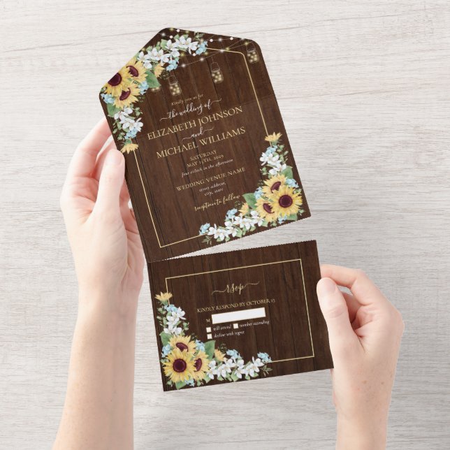 Rustic Wood Solros Dusty Blue Blommigt No Menu (Avrivbar del)