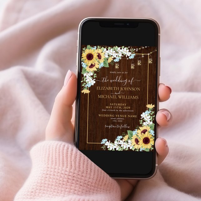 Rustic Wood Solros Dusty Blue Photo Bröllop Inbjudningar (Skapare uppladdad)