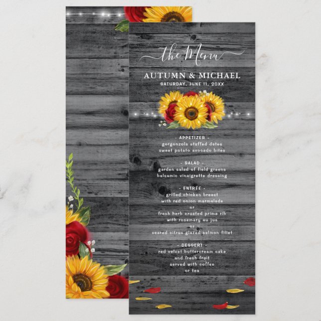 Rustic Wood Solros och Röd ros Bröllop Meny (Fram/baksida)