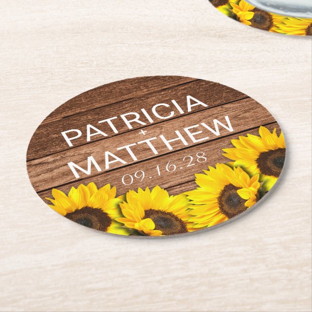Rustic Wood Solros Personlig Wedding Favor Underlägg Papper Rund (Vinklad)