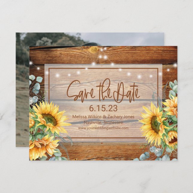 Rustic Wood Solros Photo Save Date Spara Datumet (Fram/baksida)