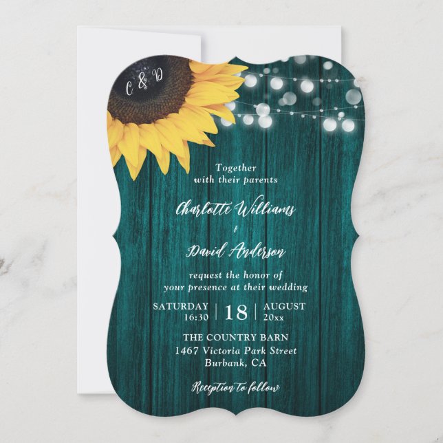 Rustic Wood Solros Teal Wedding inbjuds Inbjudningar (Framsida)