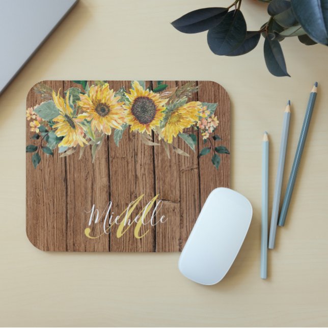 Rustic Wood Solros Watercolor Personlig Musmatta (Skapare uppladdad)