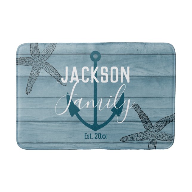 Rustic Wood Starfish Anpassningsbar Family Beach H Badrumsmatta (Framsidan)