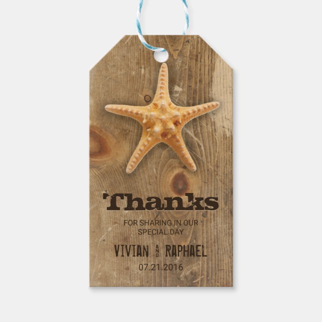 Rustic Wood & Starfish Bröllop Tack Gift Märkres Presentetikett (Framsidan)