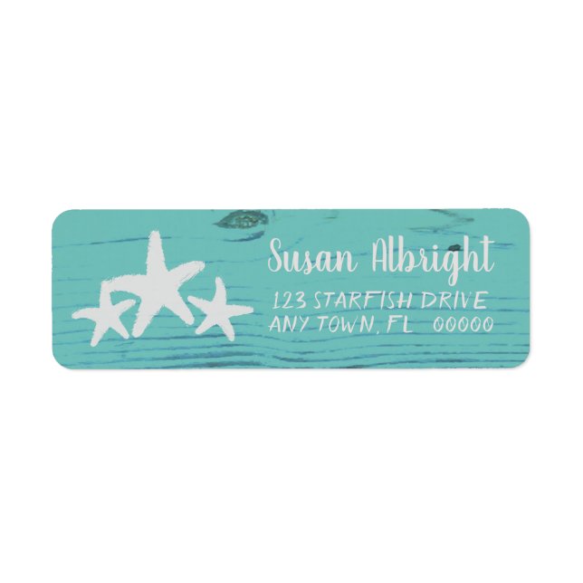 Rustic Wood Starfish Limpet Snäcka Blue Returadress Etikett (Framsidan)