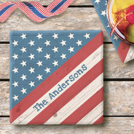 Rustic Wood Stars Rand USA flagga Namn Patriotic Stenunderlägg
