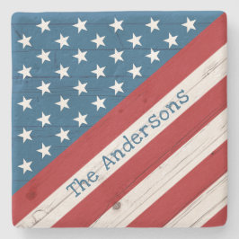 Rustic Wood Stars Rand USA flagga Namn Patriotic Stenunderlägg