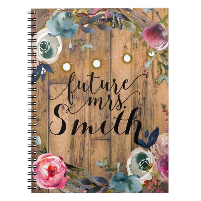 Rustic Wood Stick Blommigt Wand Ljus Future Mrs. Anteckningsbok Med Spiral (Framsidan)