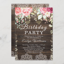 Rustic Wood string Light Blommigt Birthday Inbjudningar