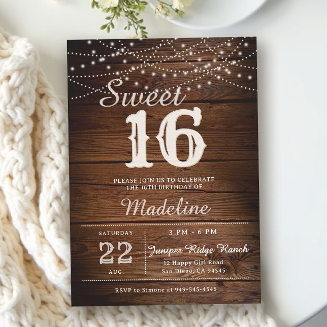 Rustic Wood String Lights Barn Elegant Sweet 16 Inbjudningar (rustic sweet 16 birthday party invitation barn wood string lights backyard outdoors cowboy type)
