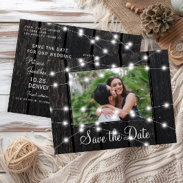 Rustic wood string lights barn save date wedding meddelande vykort