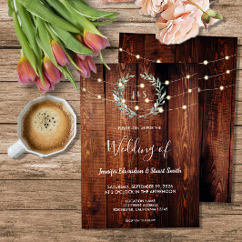 Rustic wood string lights monogram country Wedding Inbjudningar