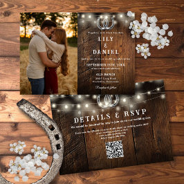 Rustic Wood String Lights Photo QR Code Wedding Inbjudningar