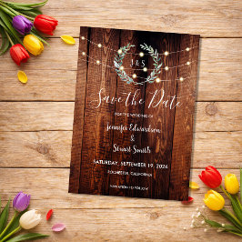Rustic wood string lights Save the Date Magnetisk Inbjudningskort
