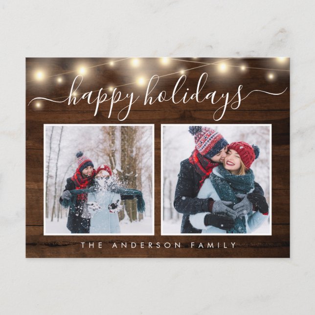 Rustic Wood String Ljus 2 Photo Helgdag Vykort (Framsida)