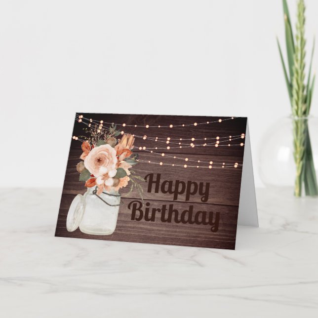 Rustic Wood String Ljus Blommigt Birthday Kort (Framsida)