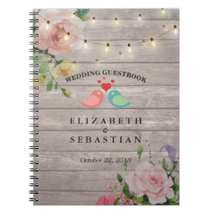 Rustic Wood String Ljus Blommigt Bröllop Guestbook Anteckningsbok Med Spiral