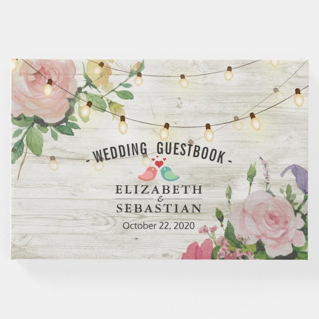 Rustic Wood String Ljus Blommigt Bröllop Guestbook Gästböcker (Framsida)