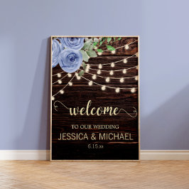 Rustic Wood String Ljus Blue Blommigt Bröllop Poster