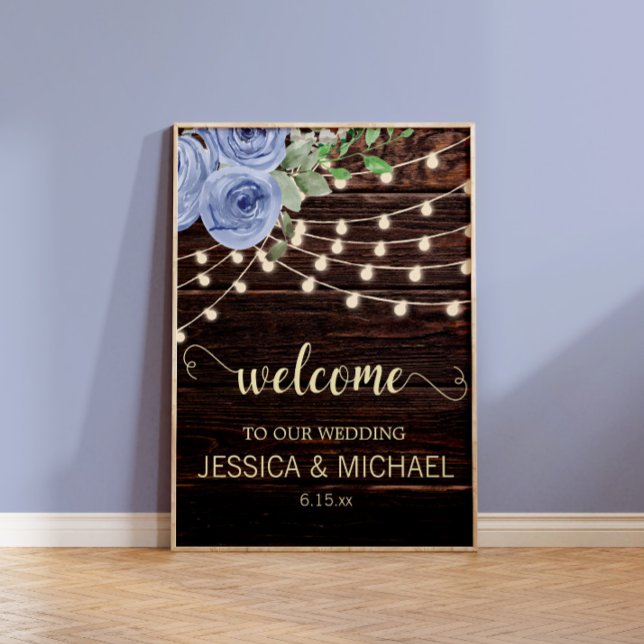 Rustic Wood String Ljus Blue Blommigt Bröllop Poster (Rustic wood and dusty blue floral and string lights wedding whimsical script welcome sign)